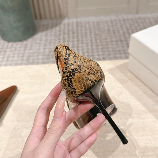 YSL 26S POINTED-TOE PUMPS 100 MM IN TRANSPARENT BROWN TPU WITH PYTHON-TRIMMED