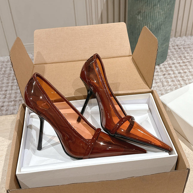 YSL 26S POINTED-TOE PUMPS 100 MM IN TRANSPARENT BROWN TPU