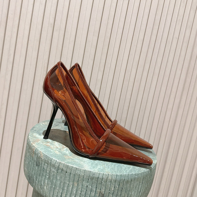 YSL 26S POINTED-TOE PUMPS 100 MM IN TRANSPARENT BROWN TPU