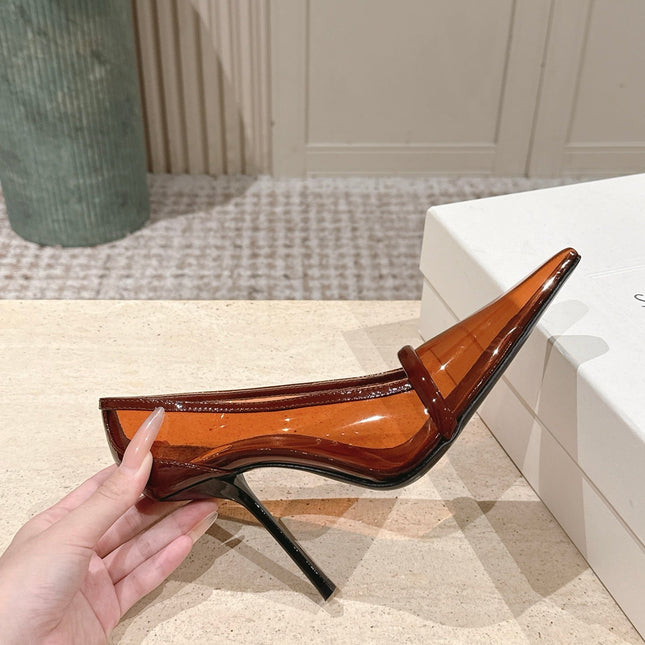 YSL 26S POINTED-TOE PUMPS 100 MM IN TRANSPARENT BROWN TPU