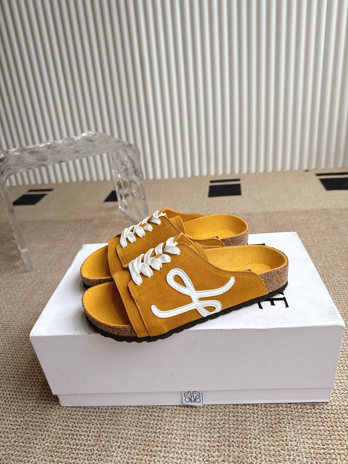 LOEWE 26S LACE-UP FLAT SLIDES IN MUSTARD YELLOW SUEDE