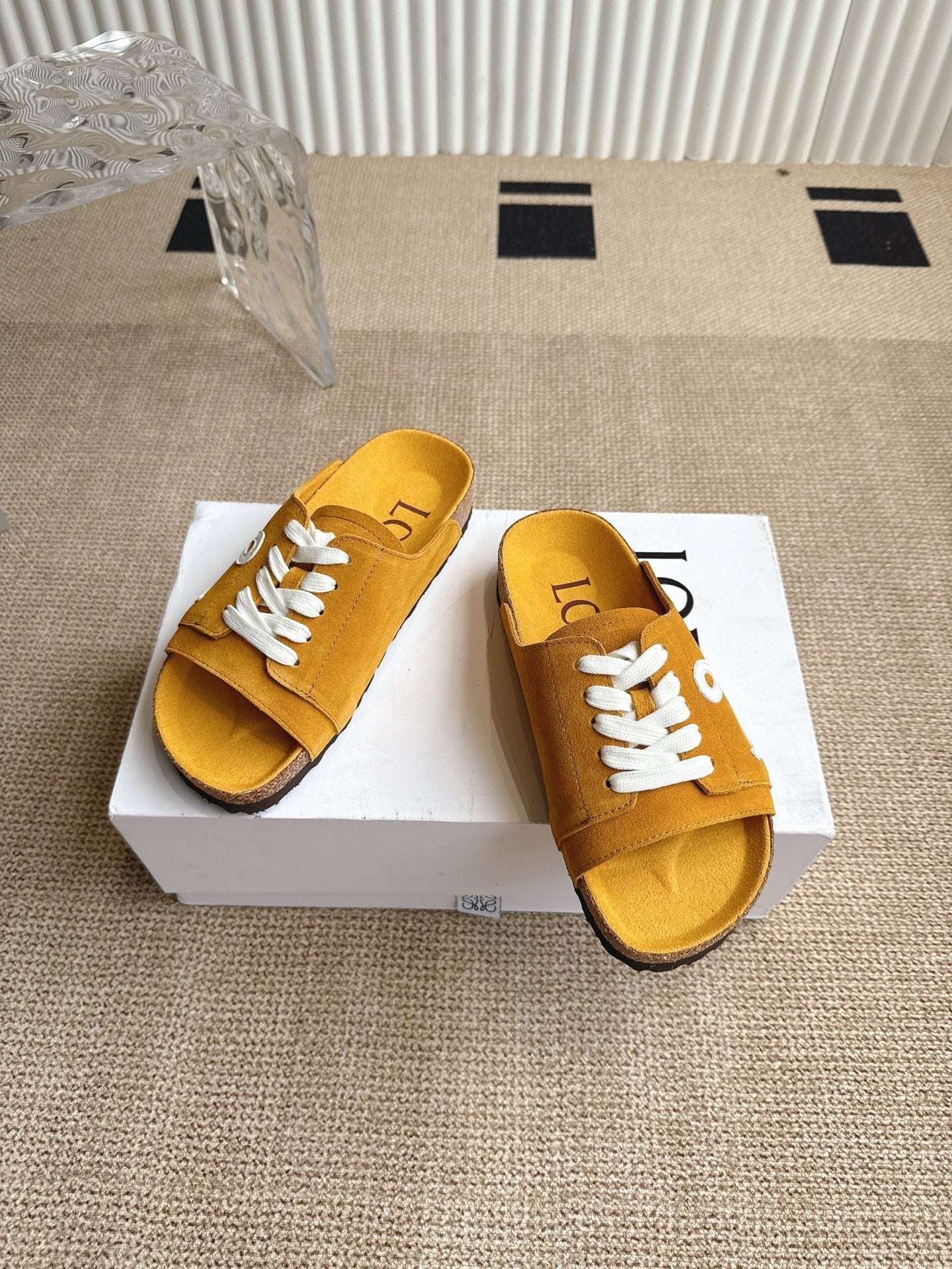 LOEWE 26S LACE-UP FLAT SLIDES IN MUSTARD YELLOW SUEDE