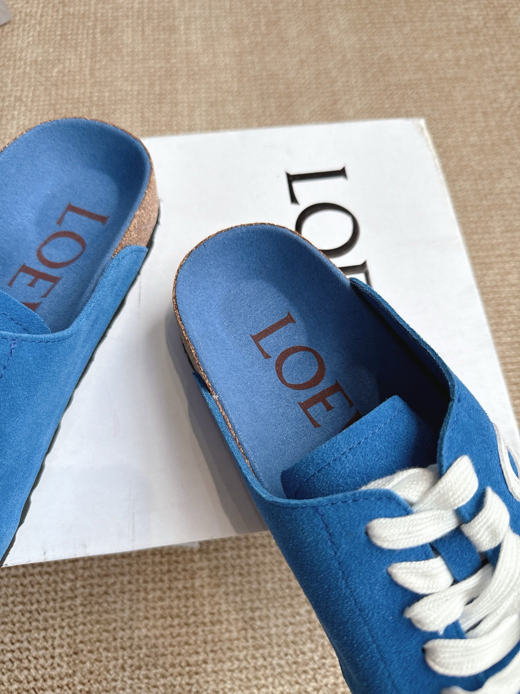 LOEWE 26S LACE-UP FLAT SLIDES IN BLUE SUEDE