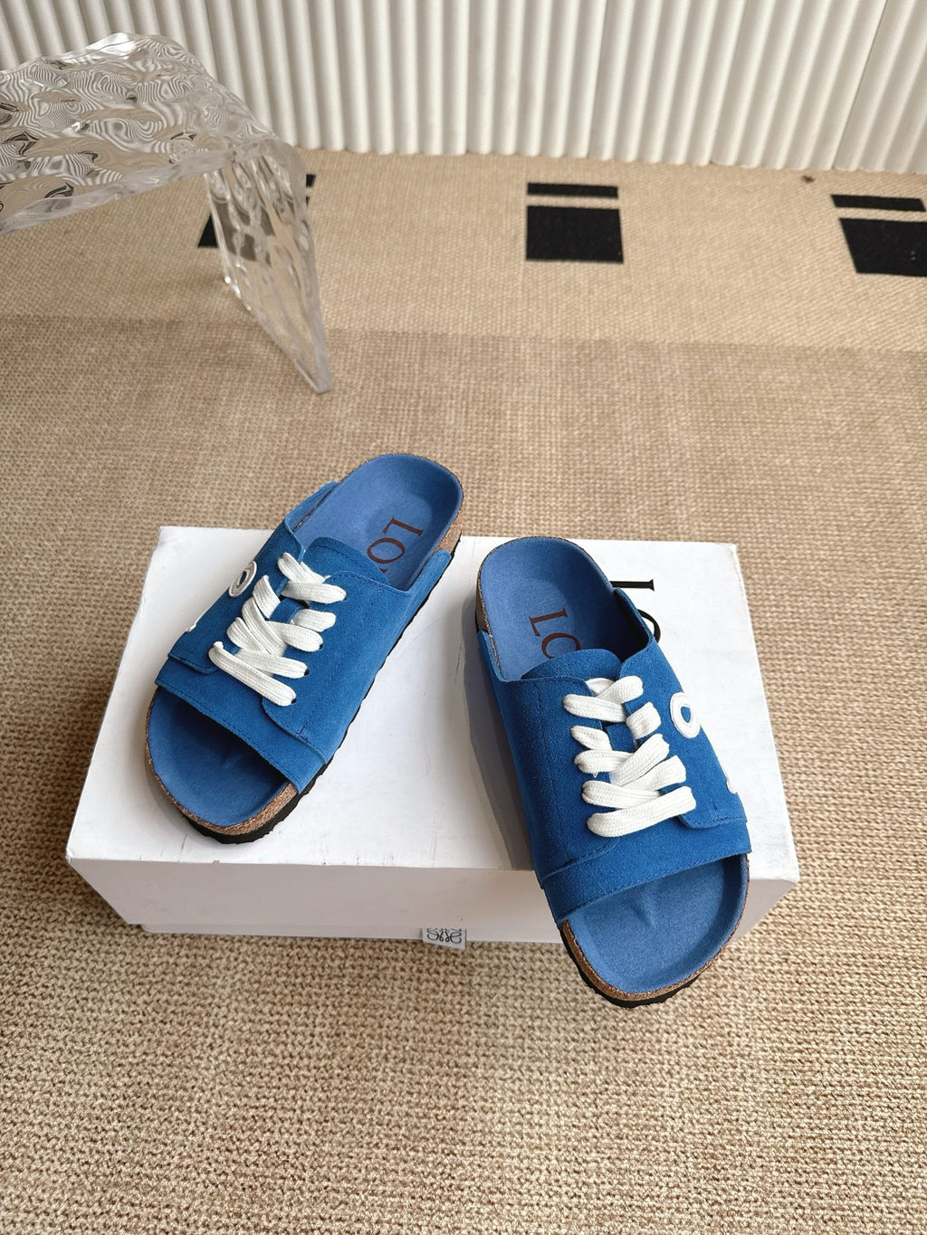 LOEWE 26S LACE-UP FLAT SLIDES IN BLUE SUEDE
