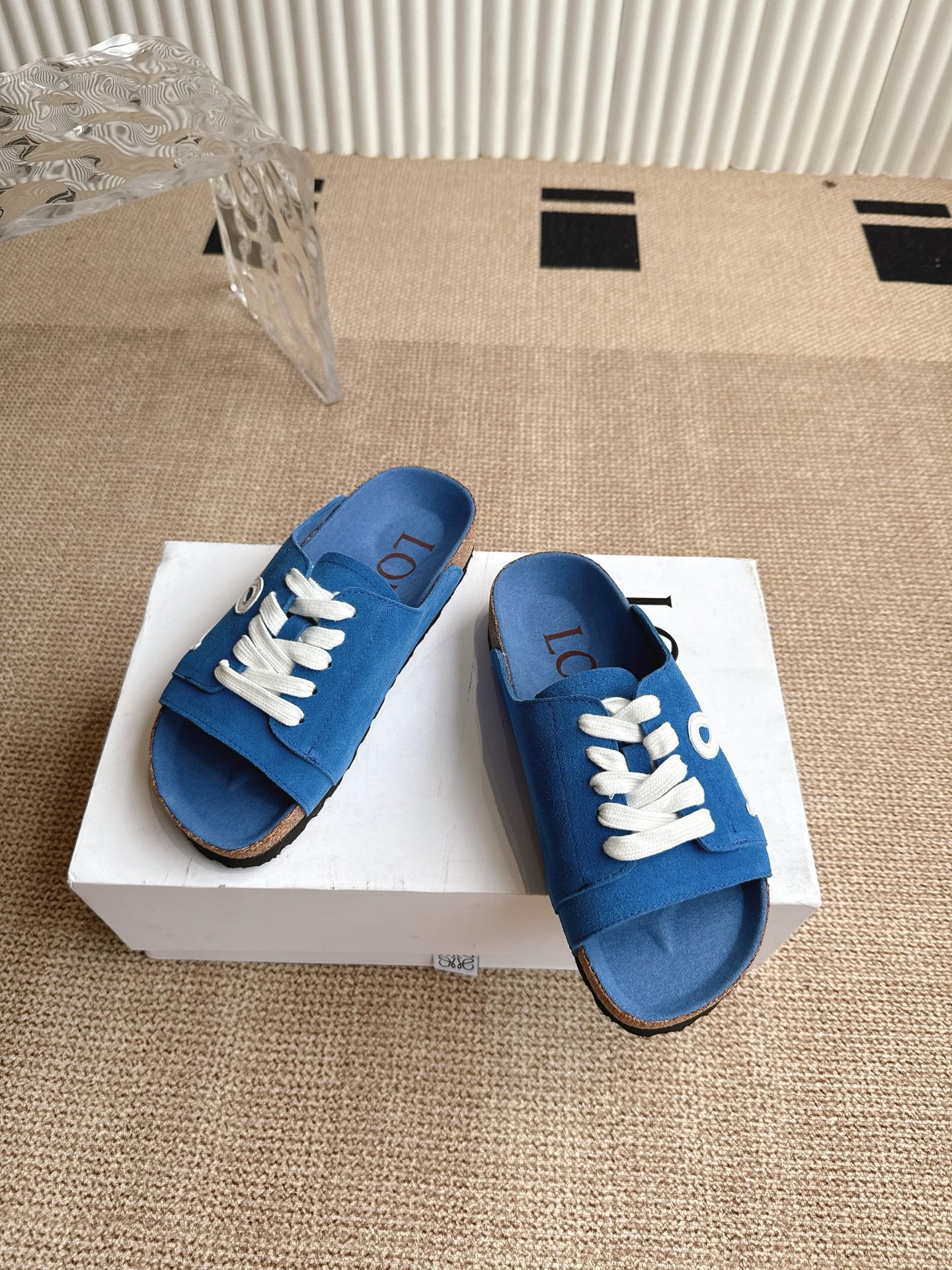 LOEWE 26S LACE-UP FLAT SLIDES IN BLUE SUEDE
