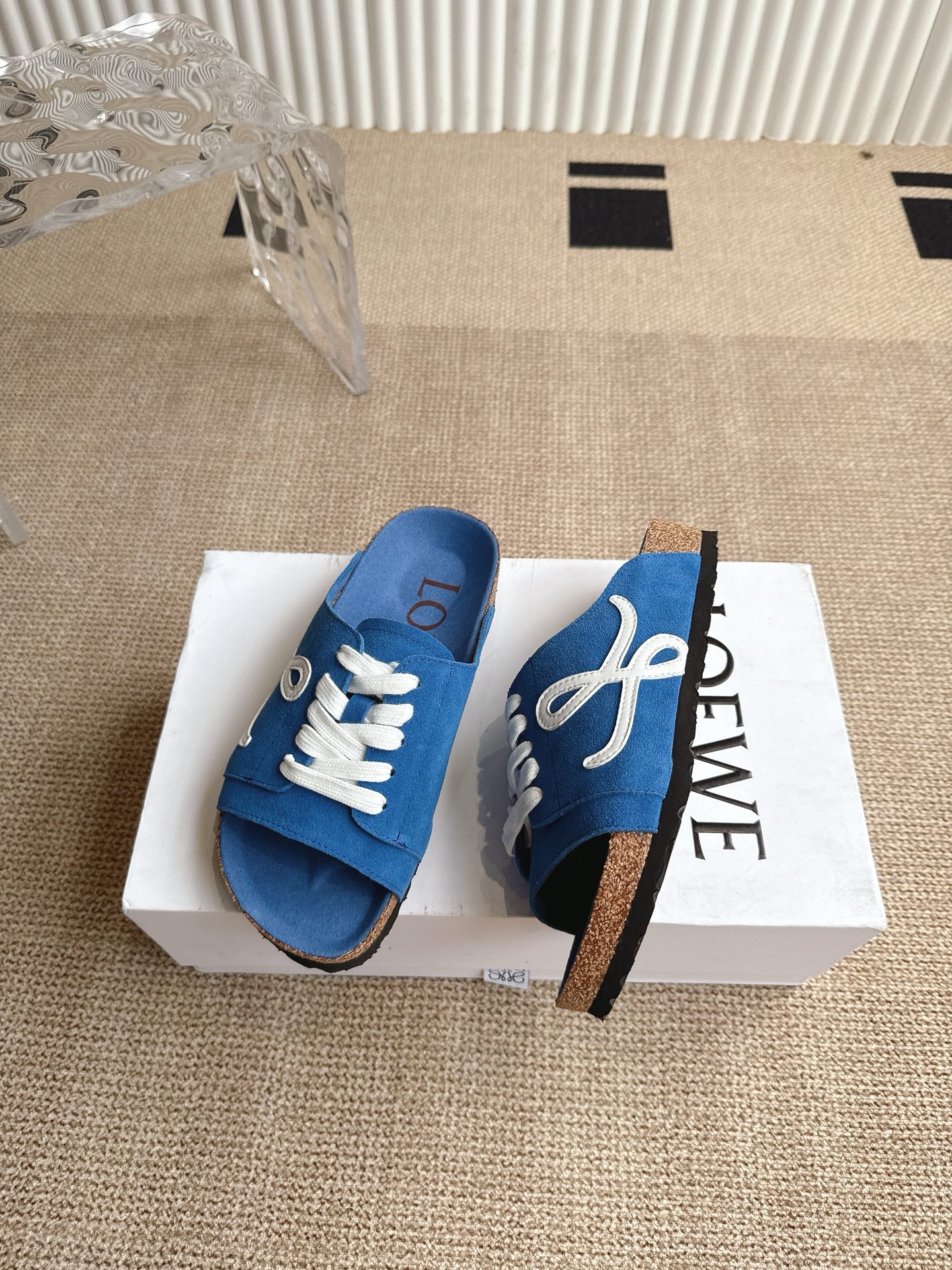 LOEWE 26S LACE-UP FLAT SLIDES IN BLUE SUEDE