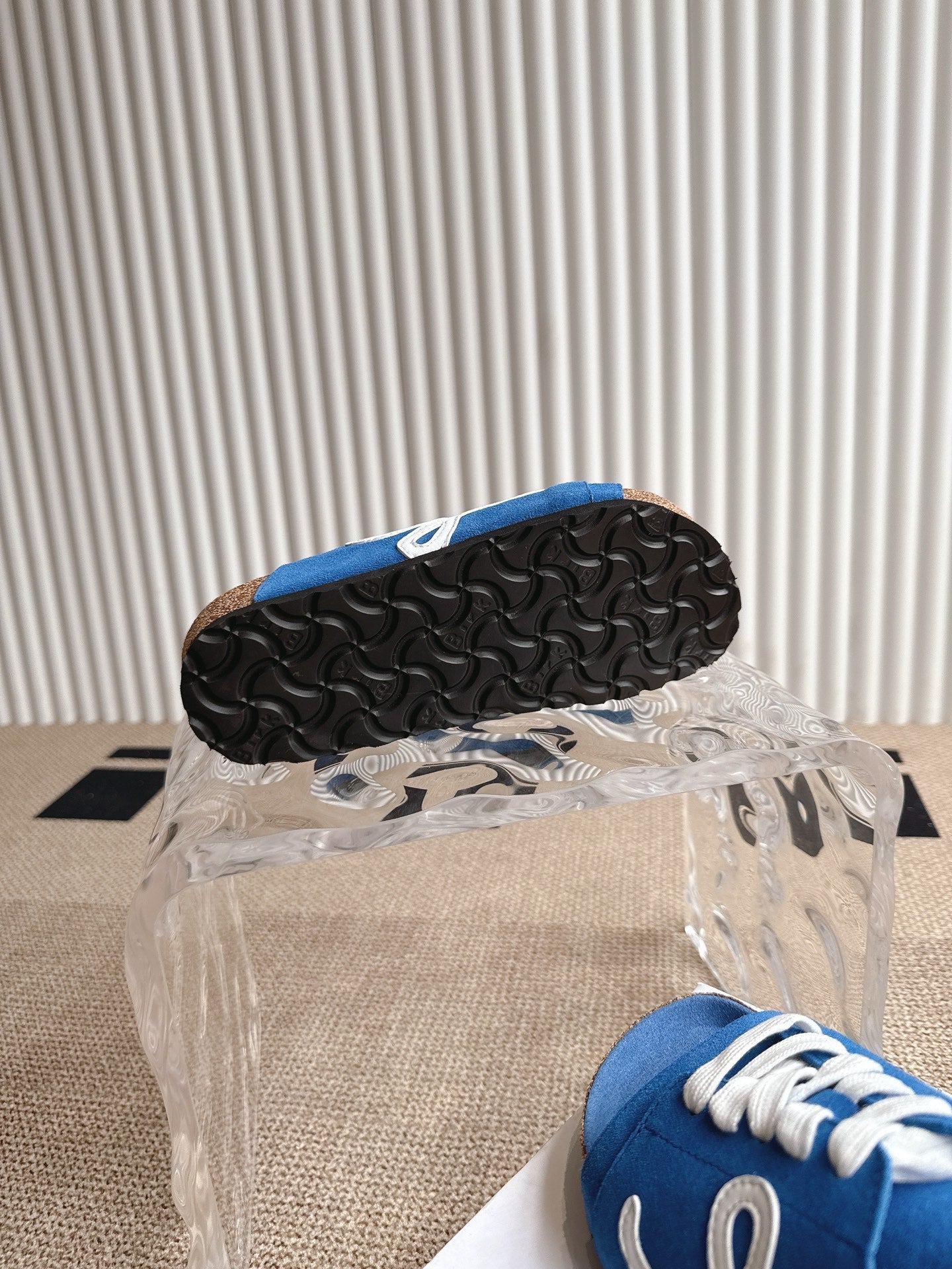 LOEWE 26S LACE-UP FLAT SLIDES IN BLUE SUEDE