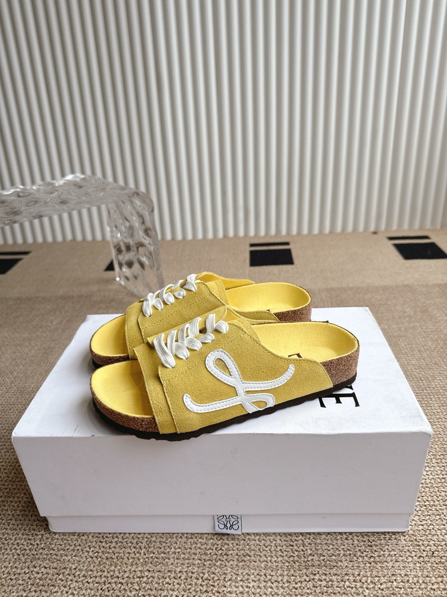 LOEWE 26S LACE-UP FLAT SLIDES IN YELLOW SUEDE