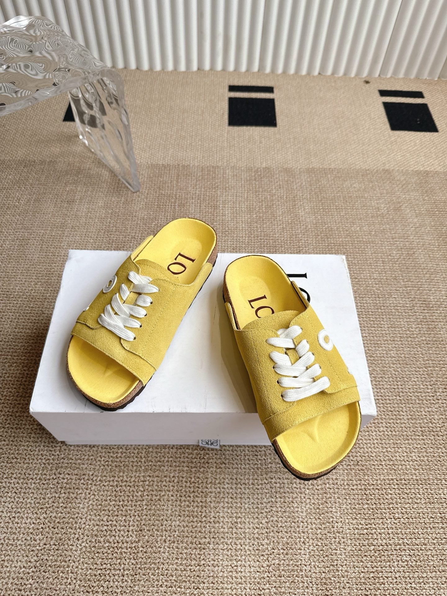 LOEWE 26S LACE-UP FLAT SLIDES IN YELLOW SUEDE