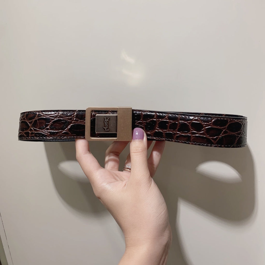 YSL 25S BELT 30 MM IN DARK BROWN EMBOSSED CALFSKIN 520631
