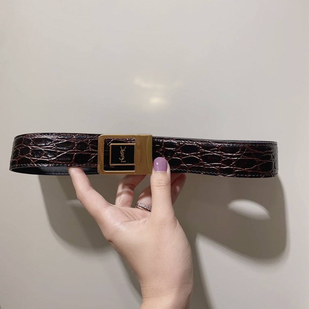 YSL 25S BELT 30 MM IN DARK BROWN EMBOSSED CALFSKIN 520632