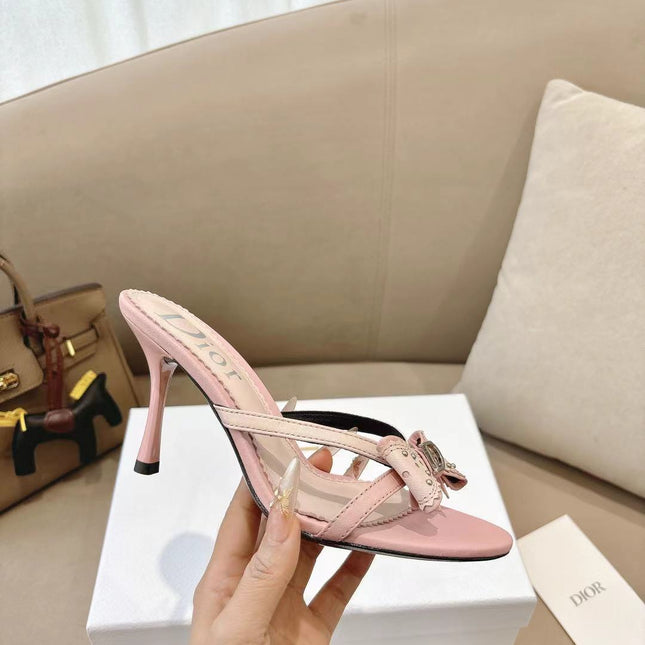DIOR 26S KITTEN HEEL SANDALS 85MM IN PINK CALFSKIN BOW STUDDED