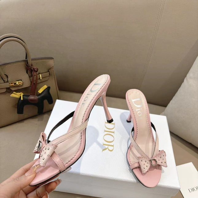 DIOR 26S KITTEN HEEL SANDALS 85MM IN PINK CALFSKIN BOW STUDDED