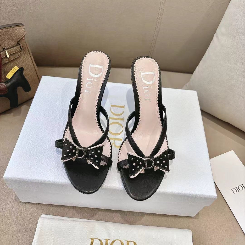 DIOR 26S KITTEN HEEL SANDALS 85MM IN BLACK CALFSKIN BOW STUDDED