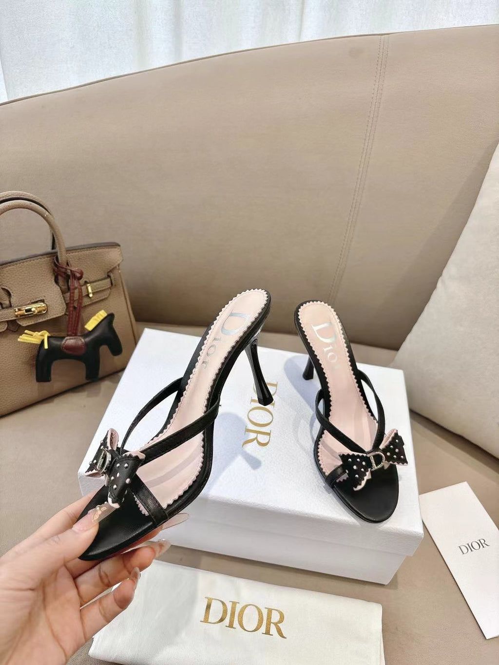 DIOR 26S KITTEN HEEL SANDALS 85MM IN BLACK CALFSKIN BOW STUDDED