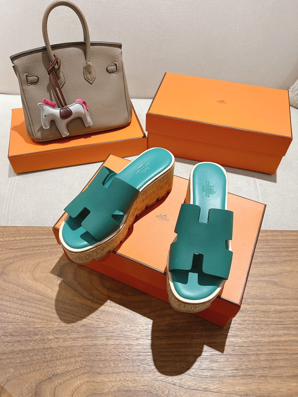 HM 25S HIGH WEDGE SANDALS IN PASTEL SEA GREEN LAMBSKIN STYLE 30