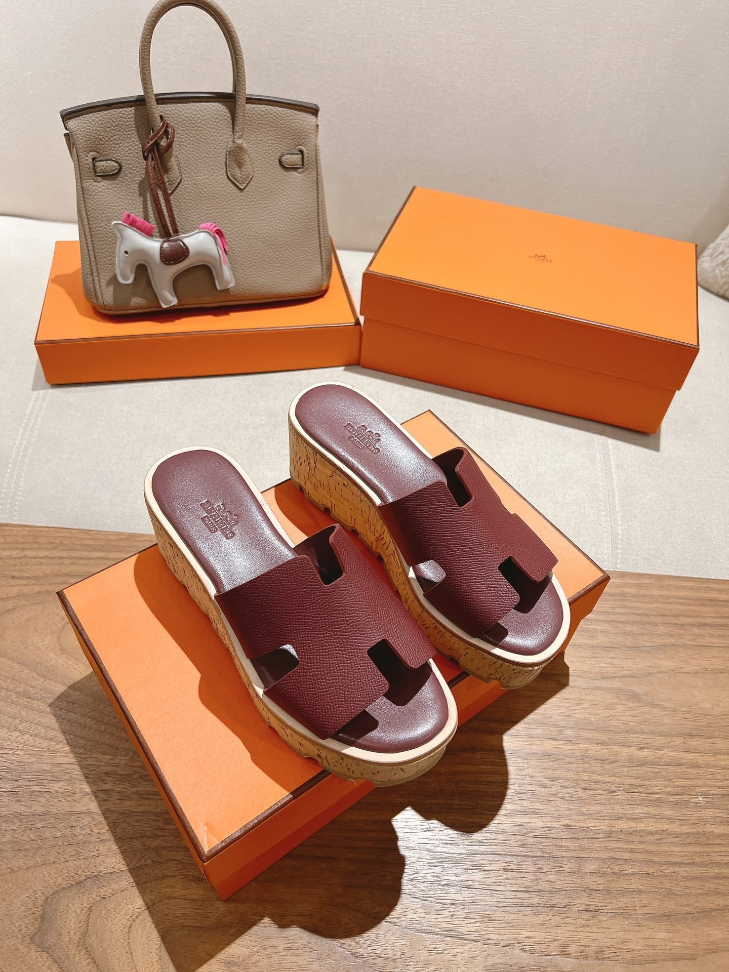 HM 25S HIGH WEDGE SANDALS IN RICH WINE RED LAMBSKIN STYLE 21