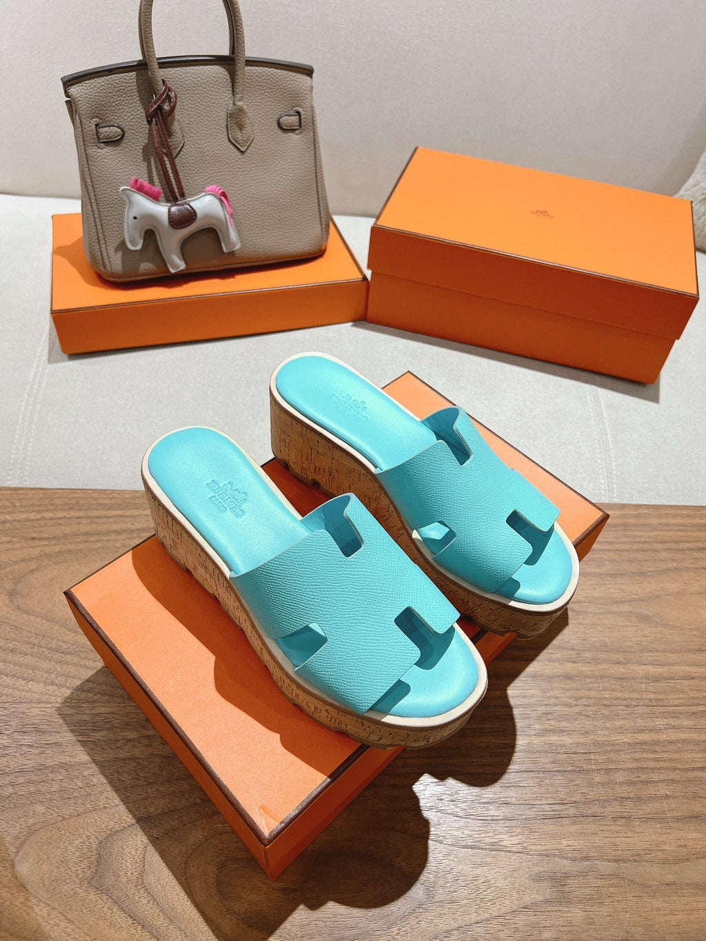 HM 25S HIGH WEDGE SANDALS IN LIGHT MINT BLUE LAMBSKIN STYLE 5