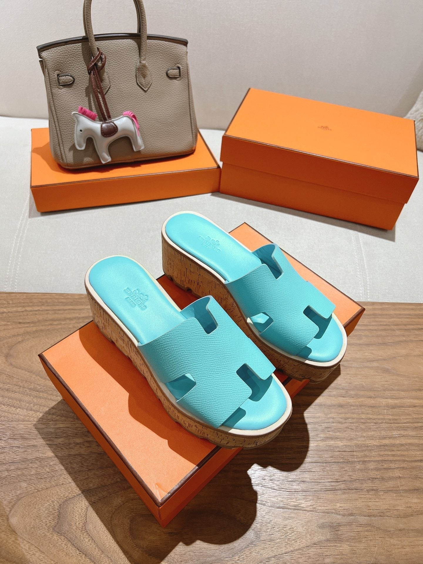 HM 25S HIGH WEDGE SANDALS IN LIGHT MINT BLUE LAMBSKIN STYLE 5