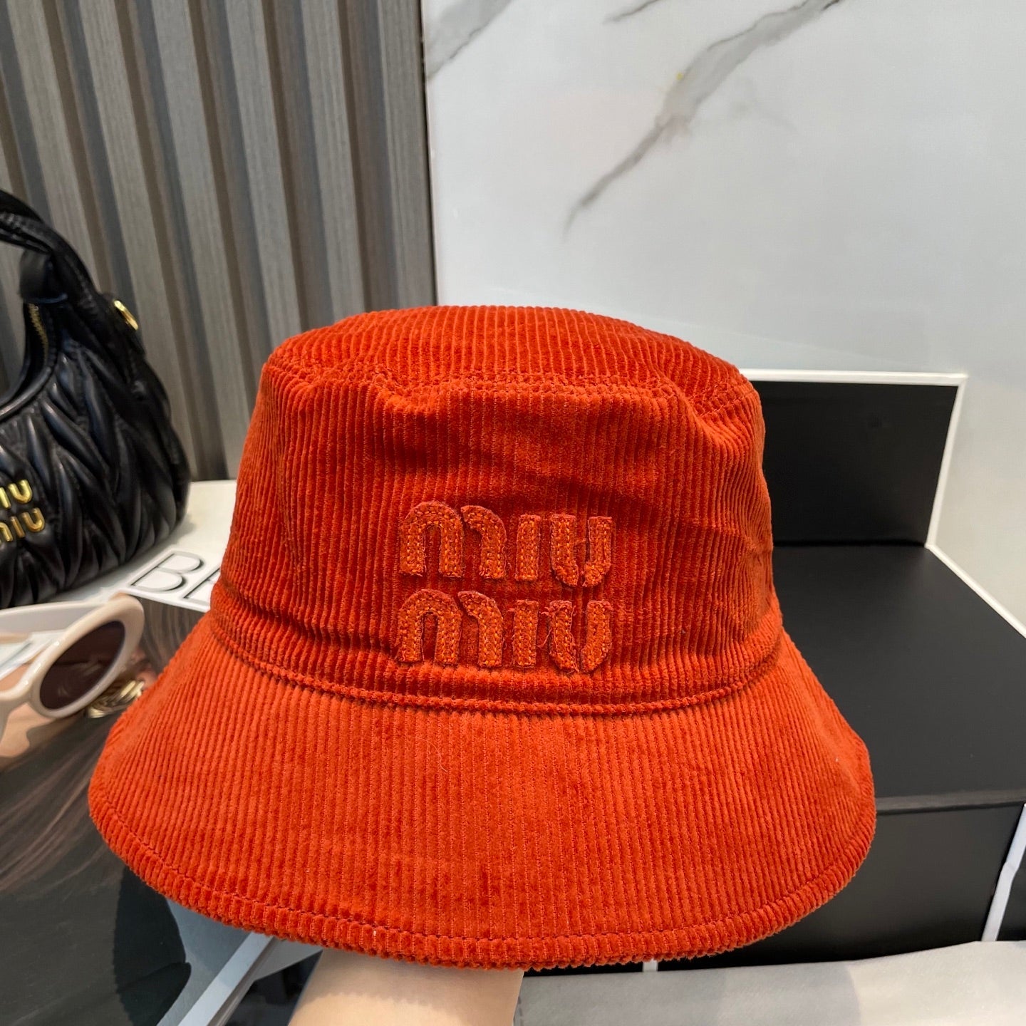 MIUMIU BUCKET IN ORANGE VELVET WITH LOGO