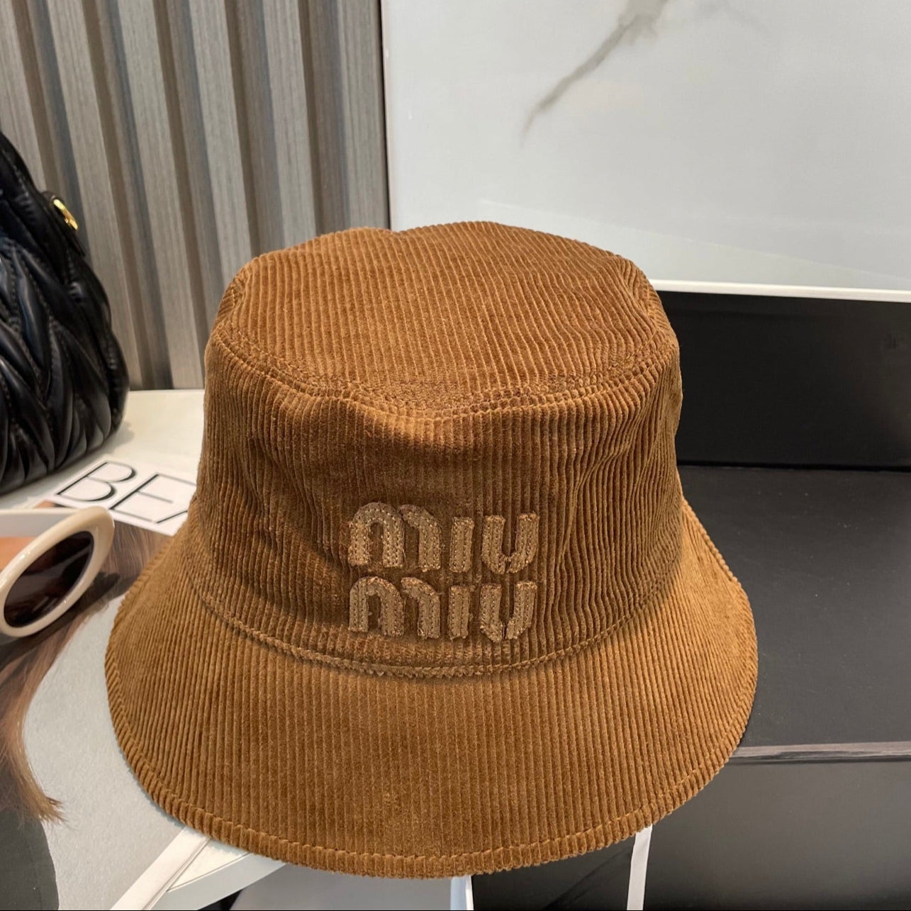 MIUMIU BUCKET IN BURNT ORANGE VELVET WITH LOGO