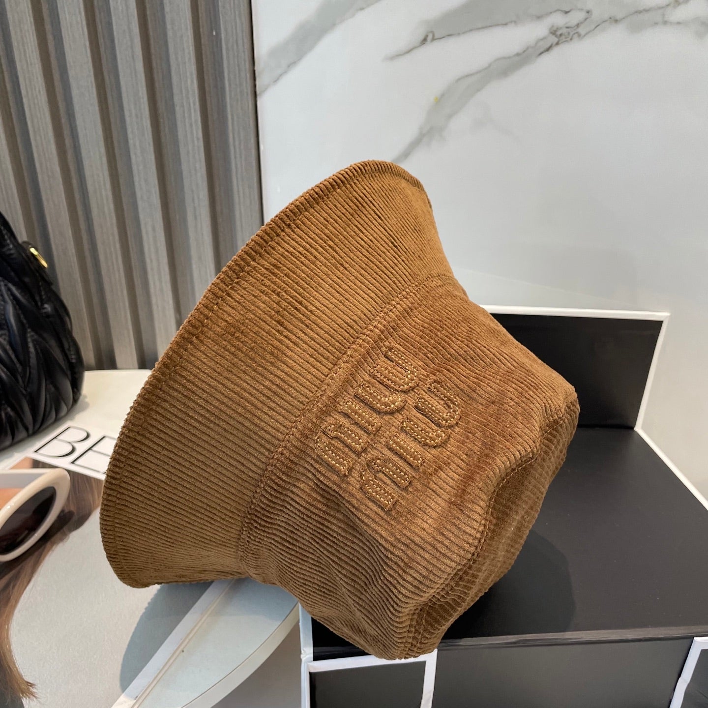 MIUMIU BUCKET IN BURNT ORANGE VELVET WITH LOGO