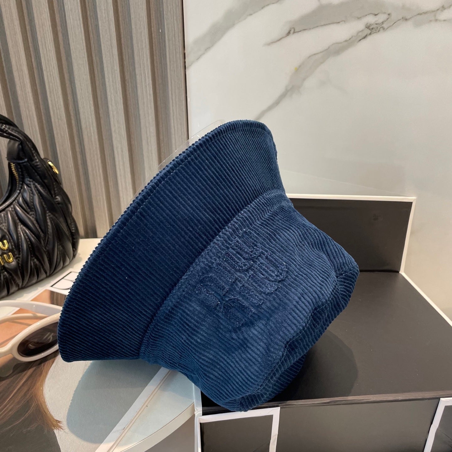 MIUMIU BUCKET IN NAVY BLUE VELVET WITH LOGO