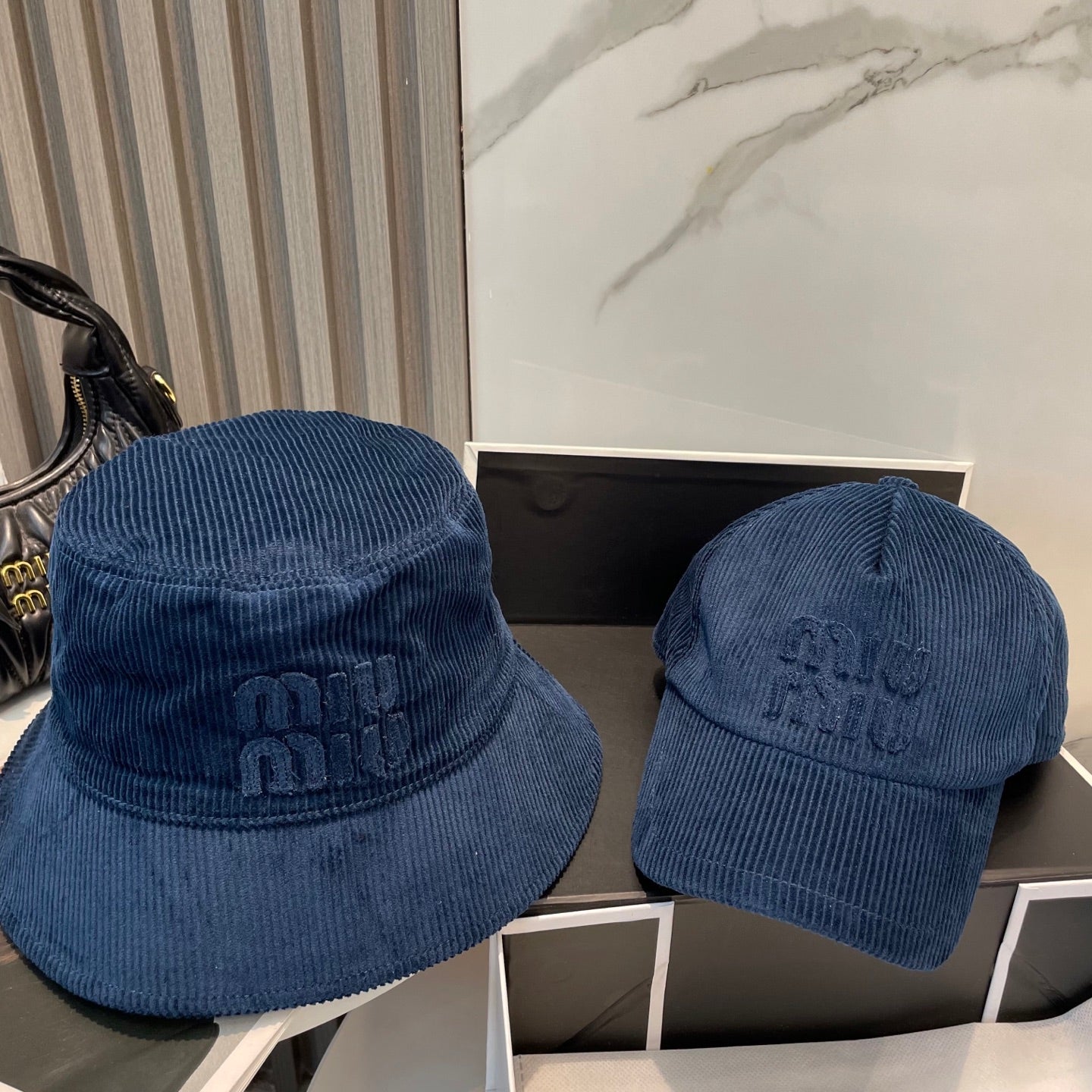 MIUMIU BUCKET IN NAVY BLUE VELVET WITH LOGO