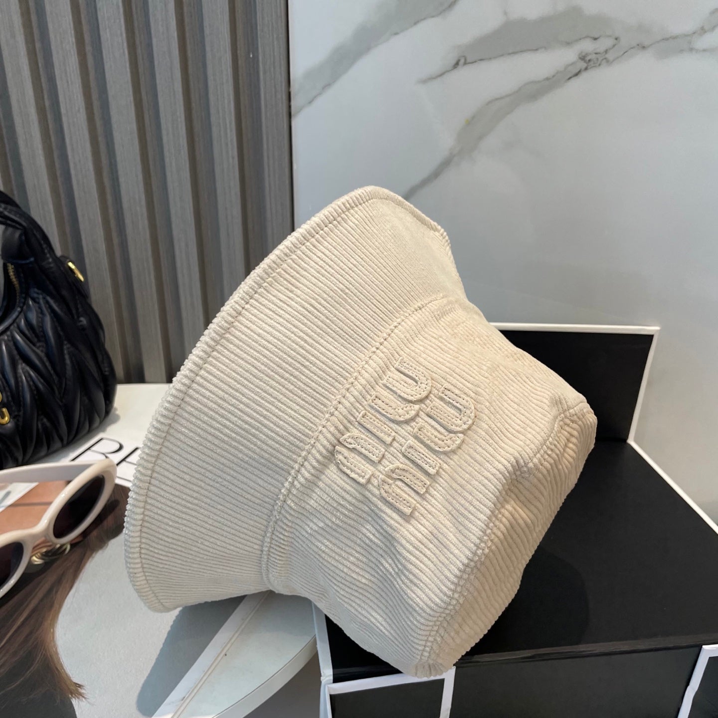 MIUMIU BUCKET IN CREAM WHITE VELVET WITH LOGO