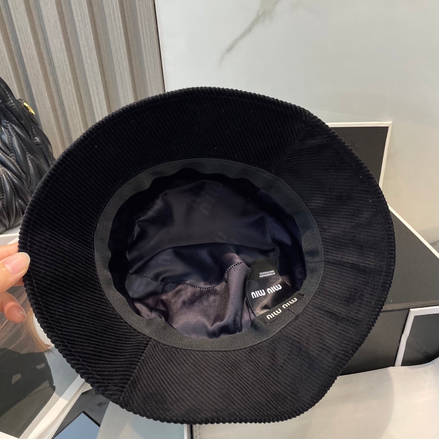 MIUMIU BUCKET IN BLACK VELVET WITH LOGO