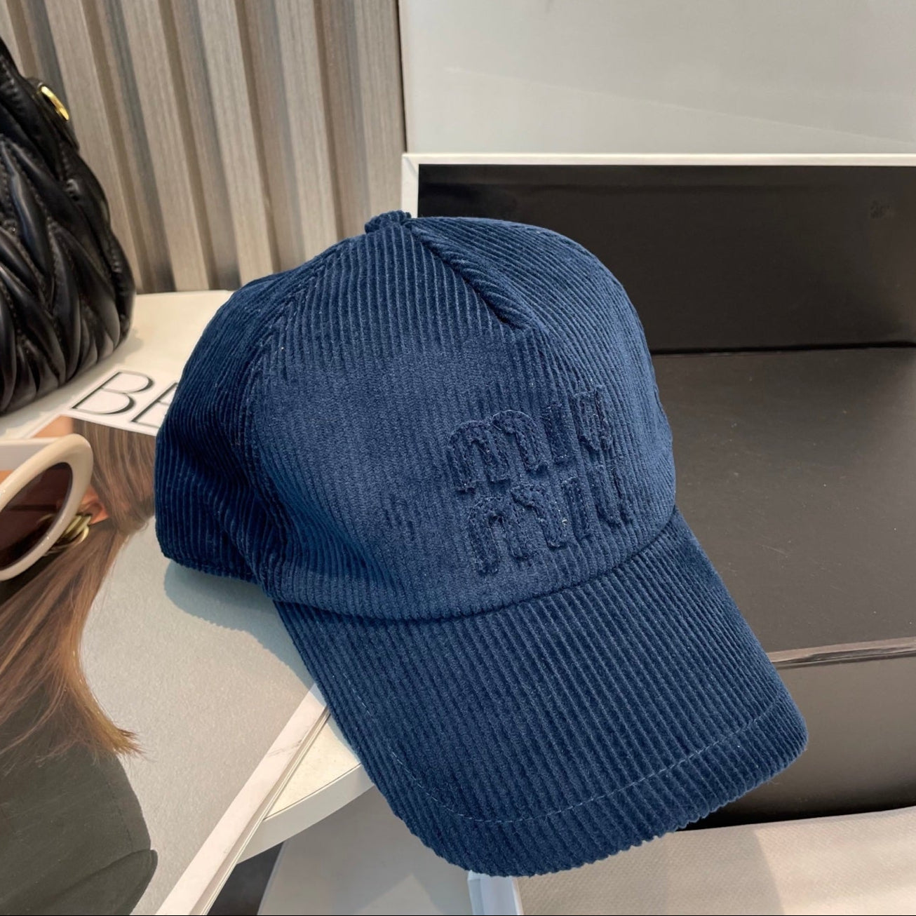 MIUMIU BASEBALL CAP IN NAVY BLUE VELVET