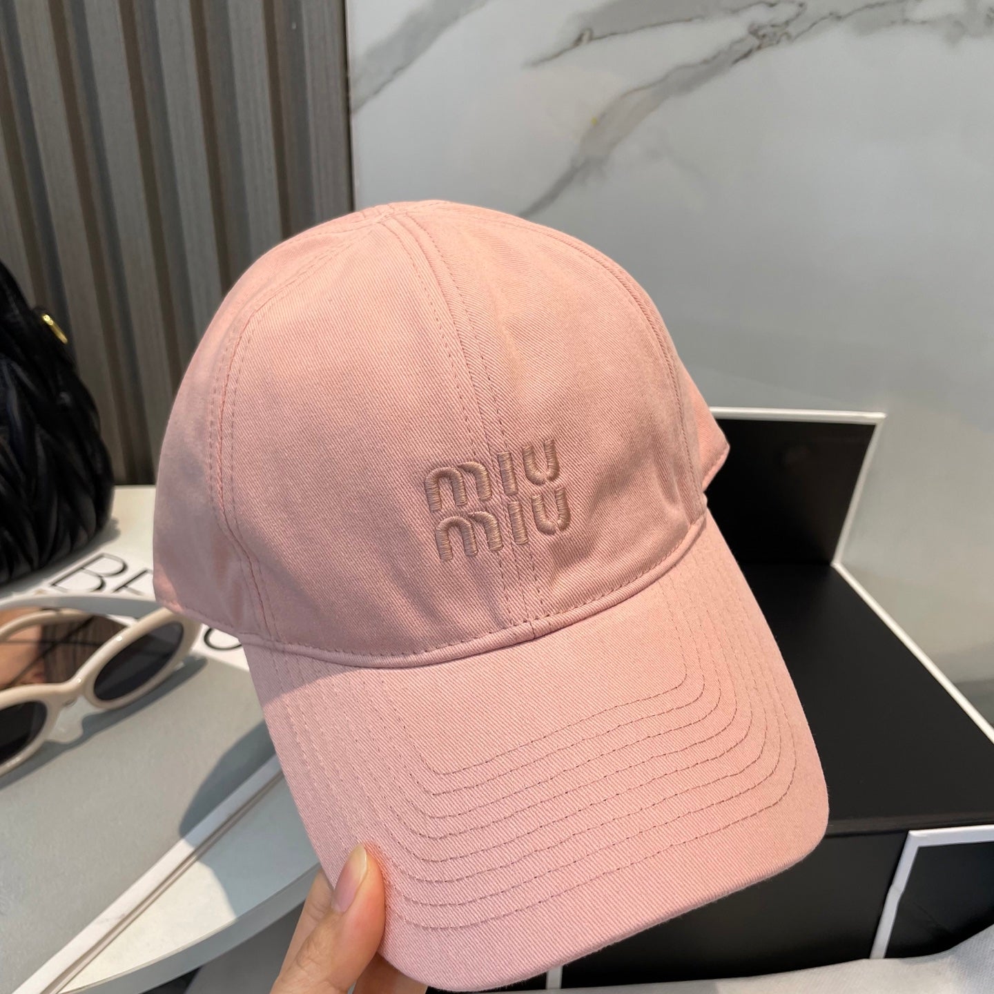 MIUMIU BASEBALL CAP IN PEACHY PINK FABRIC BRAND EMBROIDERY