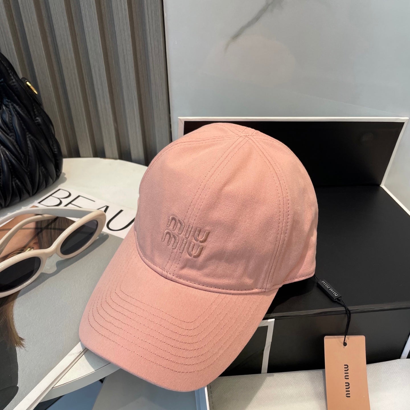 MIUMIU BASEBALL CAP IN PEACHY PINK FABRIC BRAND EMBROIDERY
