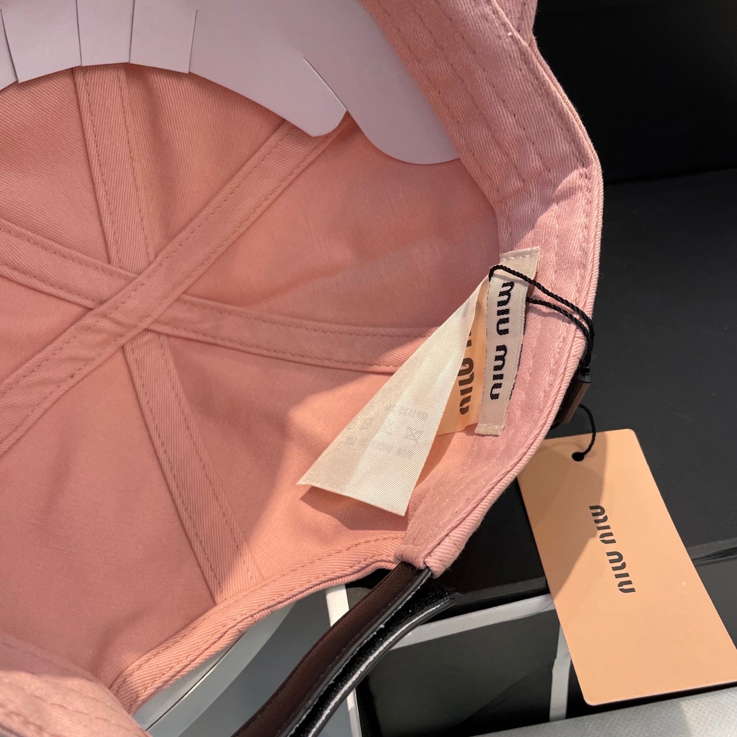 MIUMIU BASEBALL CAP IN PEACHY PINK FABRIC BRAND EMBROIDERY