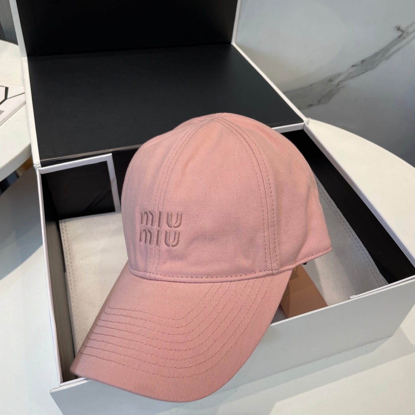 MIUMIU BASEBALL CAP IN PEACHY PINK FABRIC BRAND EMBROIDERY