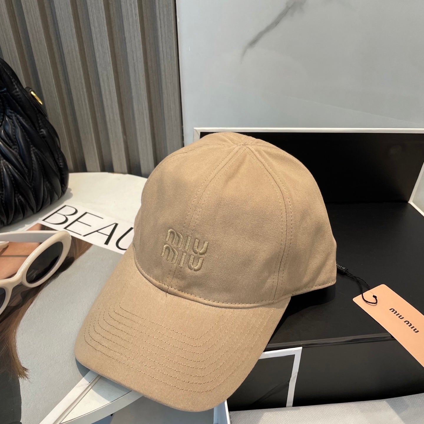 MIUMIU BASEBALL CAP IN BEIGE FABRIC BRAND EMBROIDERY
