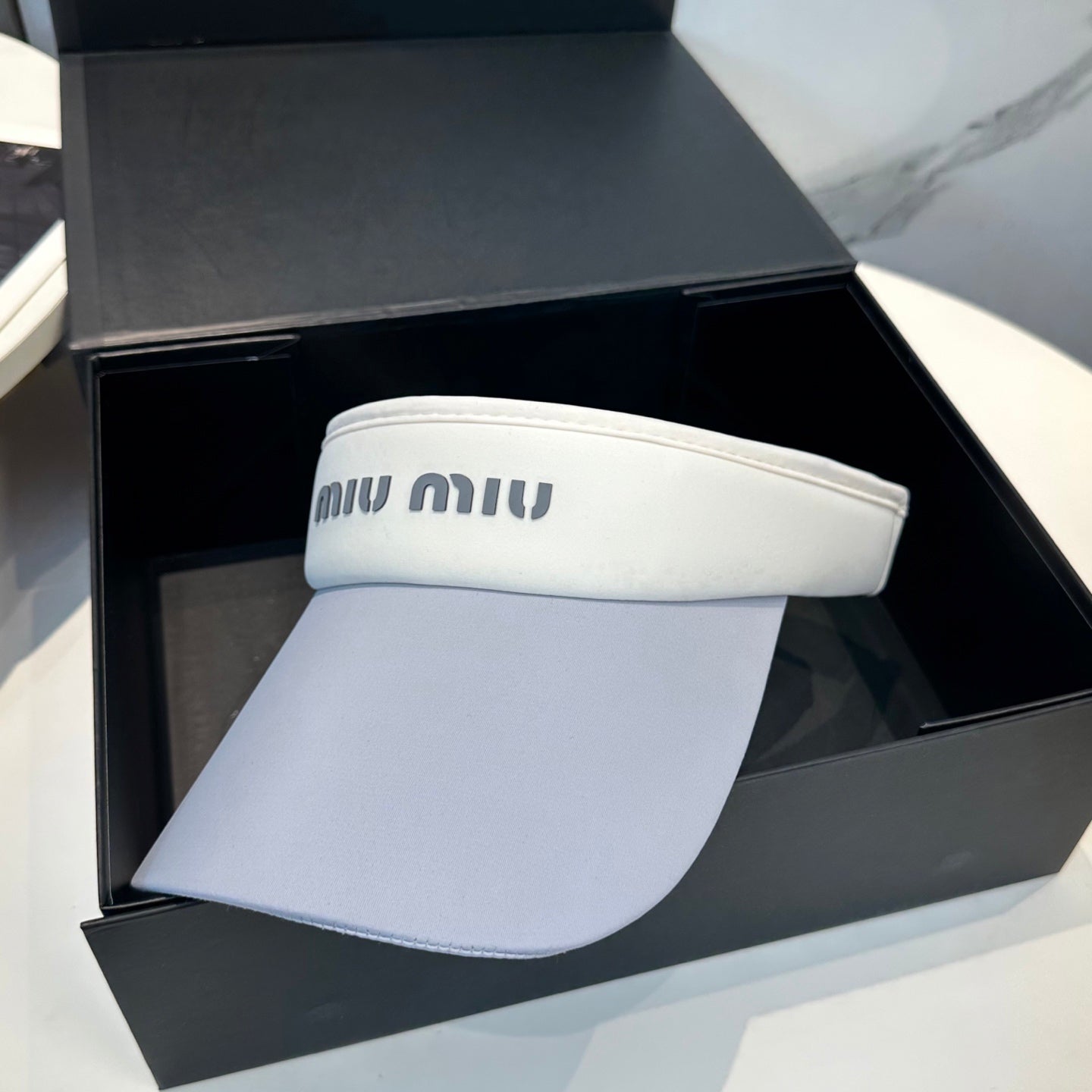 MIUMIU SPORT VISOR CAP IN COOL GRAY MIX WHITE FABRIC