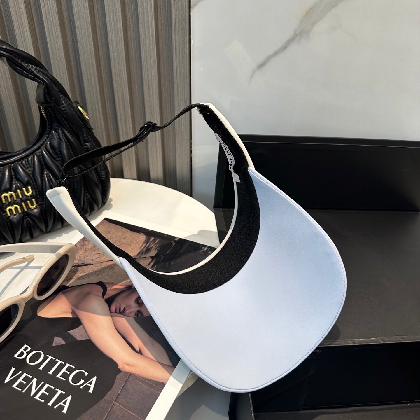 MIUMIU SPORT VISOR CAP IN PASTEL BLUE MIX WHITE FABRIC