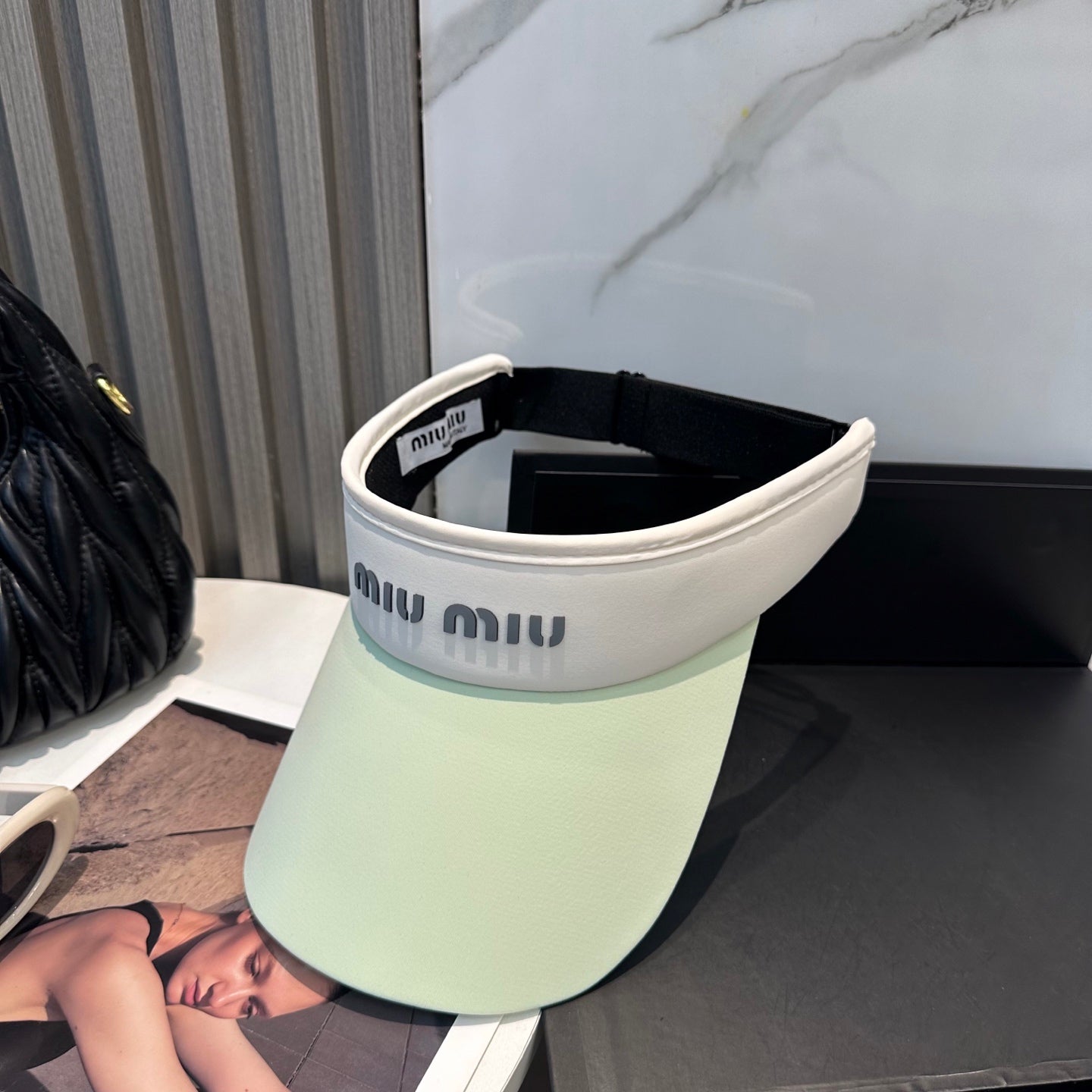 MIUMIU SPORT VISOR CAP IN PASTEL GREEN MIX WHITE FABRIC