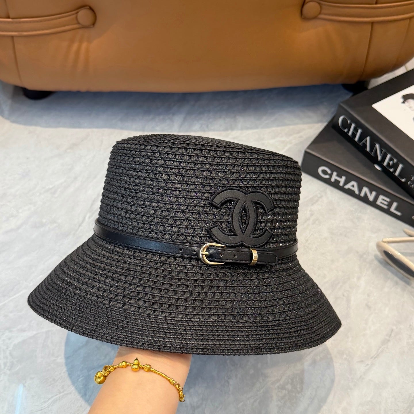 CHANEL 26S FLAT-BRIM STRAW HAT WITH RAISED CC LOGO 338106