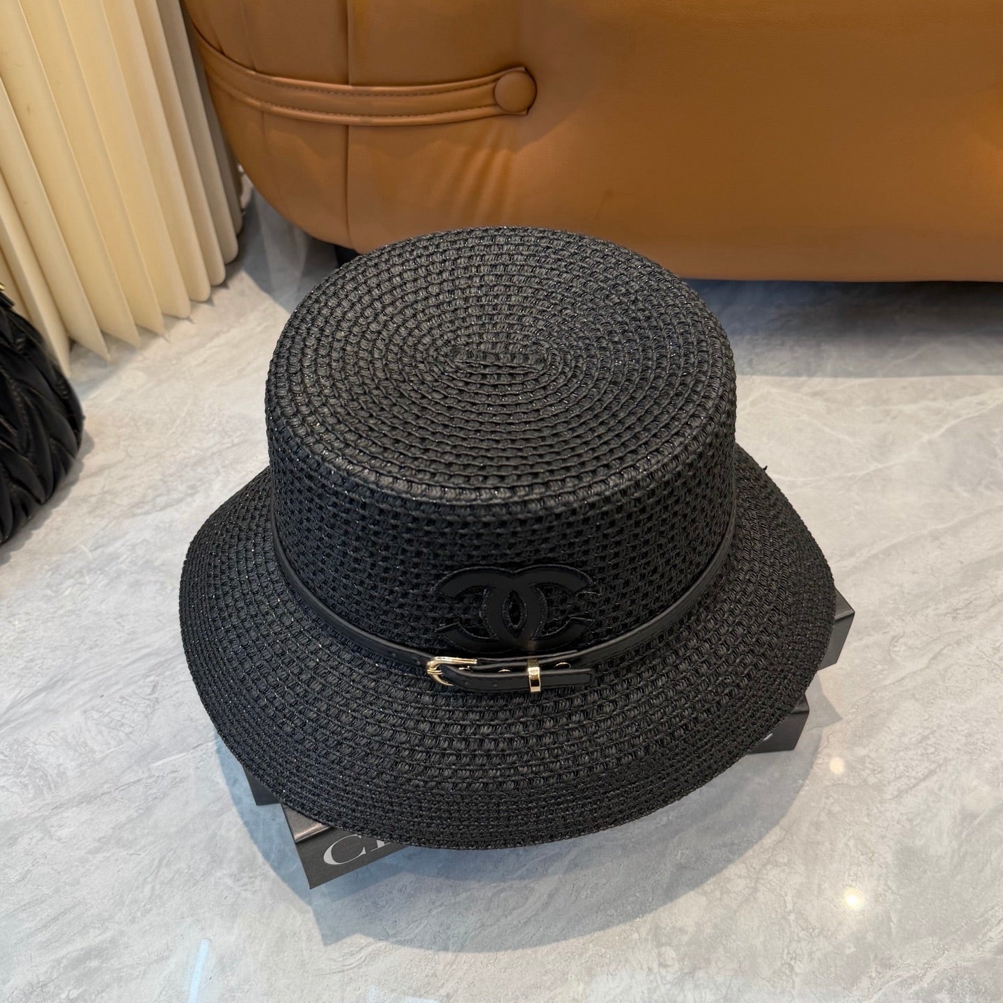 CHANEL 26S FLAT-BRIM STRAW HAT WITH RAISED CC LOGO 338106