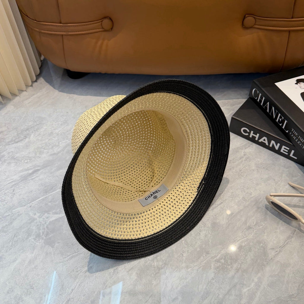 CHANEL 26S FLAT-BRIM STRAW HAT WITH RAISED CC LOGO 338107