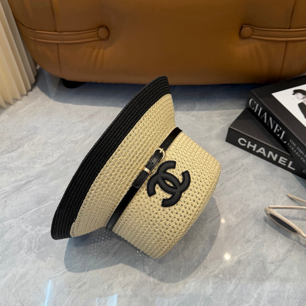 CHANEL 26S FLAT-BRIM STRAW HAT WITH RAISED CC LOGO 338107