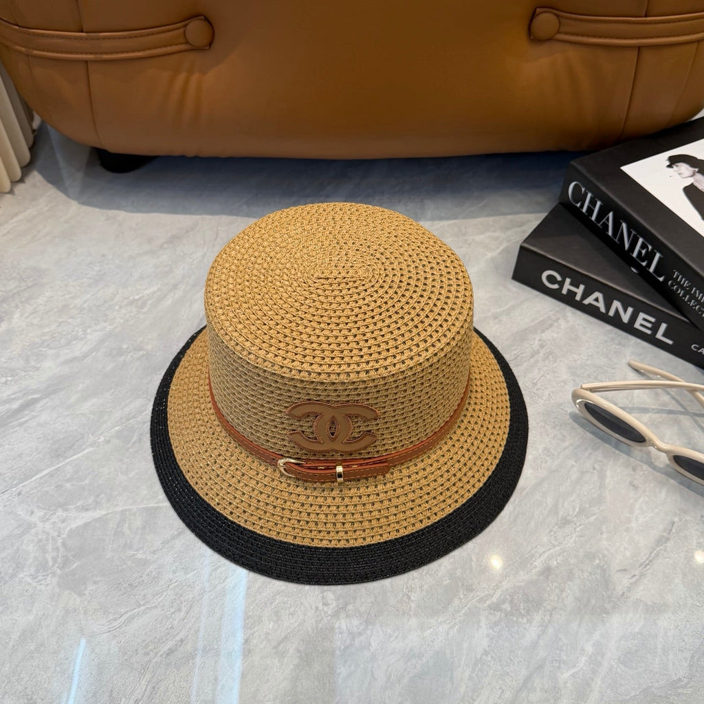 CHANEL 26S FLAT-BRIM STRAW HAT WITH RAISED CC LOGO 338108