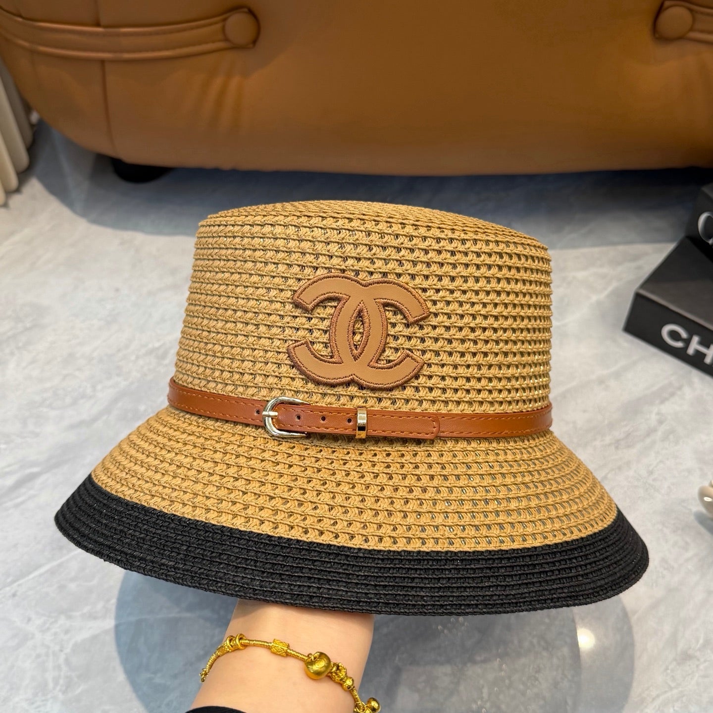 CHANEL 26S FLAT-BRIM STRAW HAT WITH RAISED CC LOGO 338108
