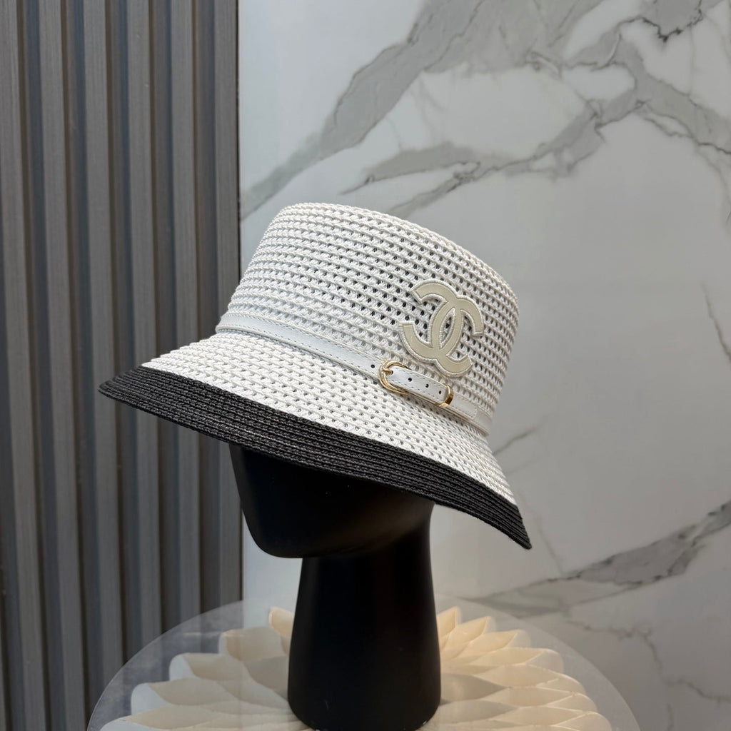 CHANEL 26S FLAT-BRIM STRAW HAT WITH RAISED CC LOGO 338109