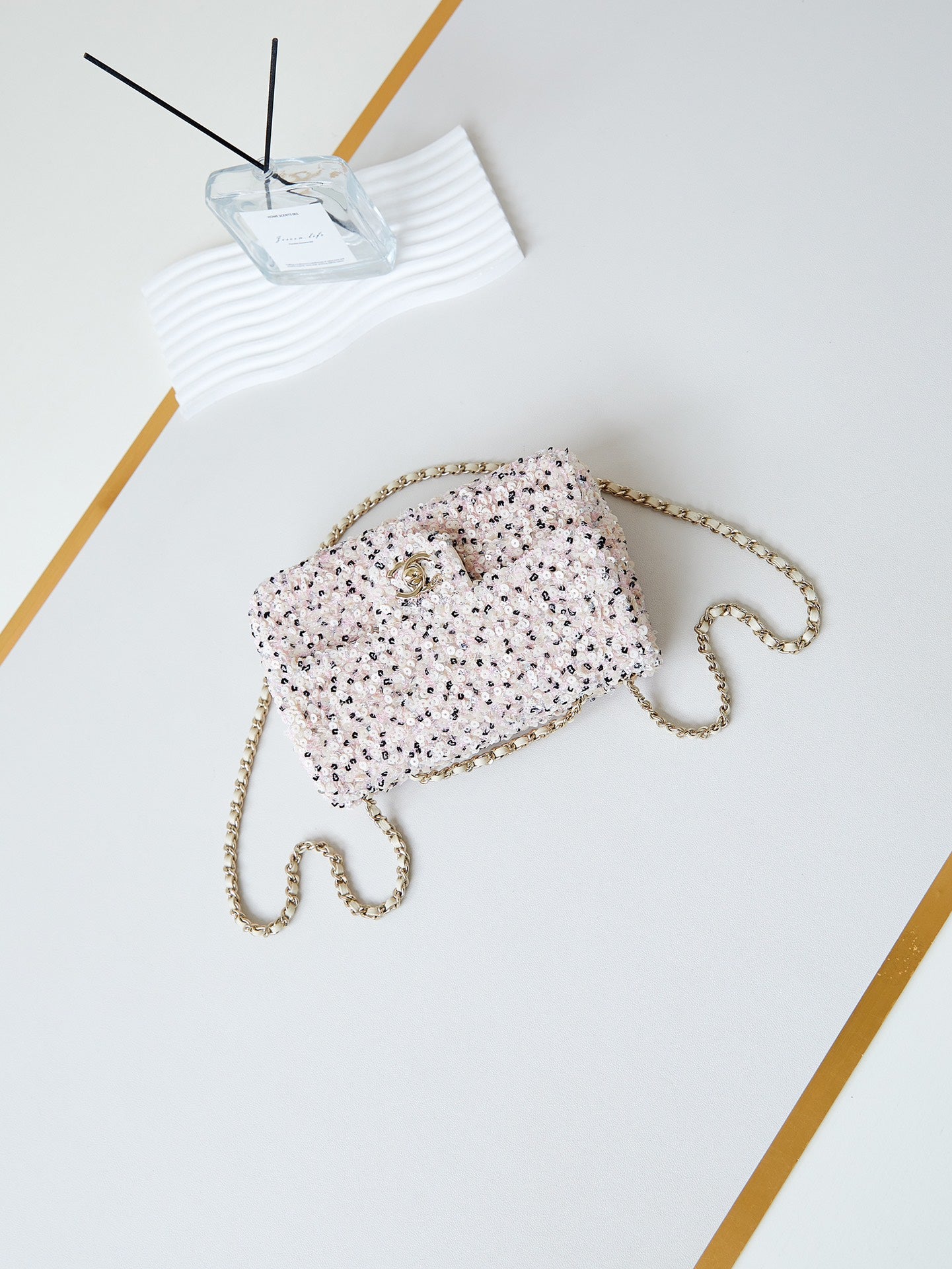 CHANEL 25S FLAP BAG 20 IN LIGHT PINK MIX BLACK SEQUINS