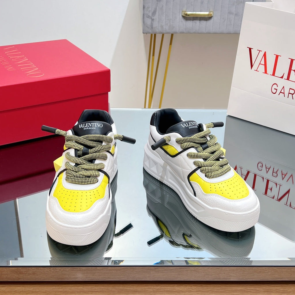 VALENTINO 25S GARAVANI ONE STUD XL PLATFORM SNEAKERS IN WHITE MIX YELLOW LAMBSKIN STYLE 5