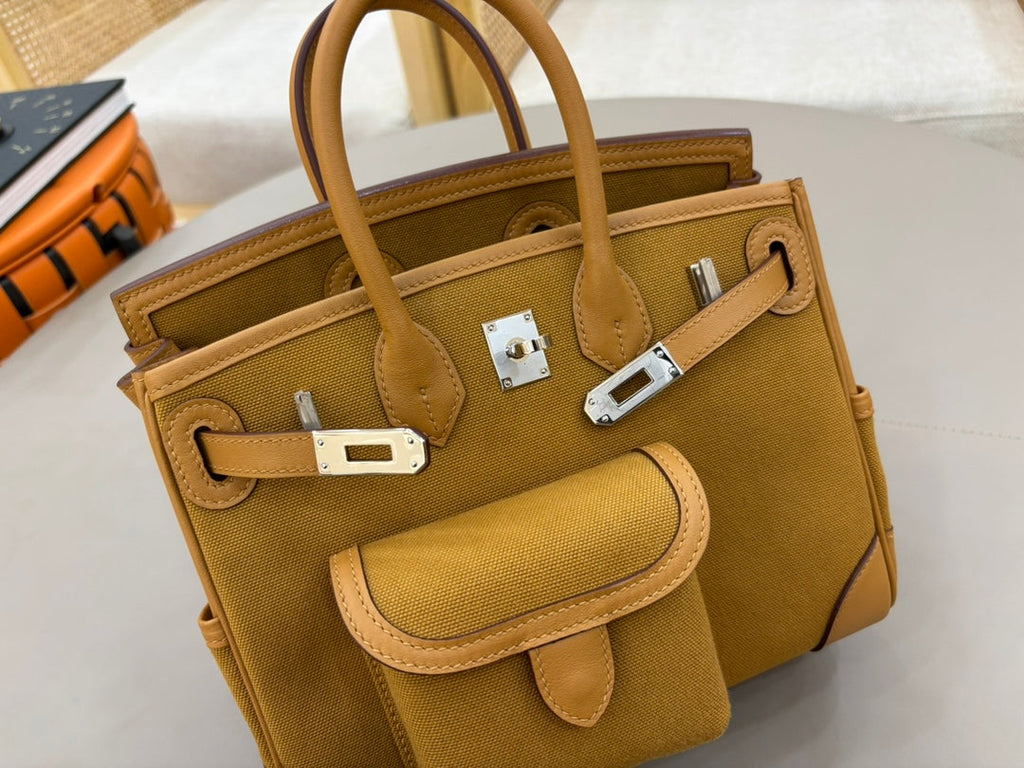 HM 25S BIRKIN CARGO 25 CM IN CARAMEL BROWN CANVAS AND SWIFT WITH SILVER HARDWARE
