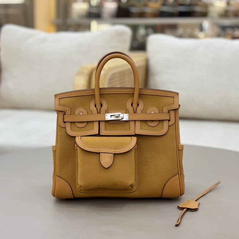 HM 25S BIRKIN CARGO 25 CM IN CARAMEL BROWN CANVAS AND SWIFT WITH SILVER HARDWARE